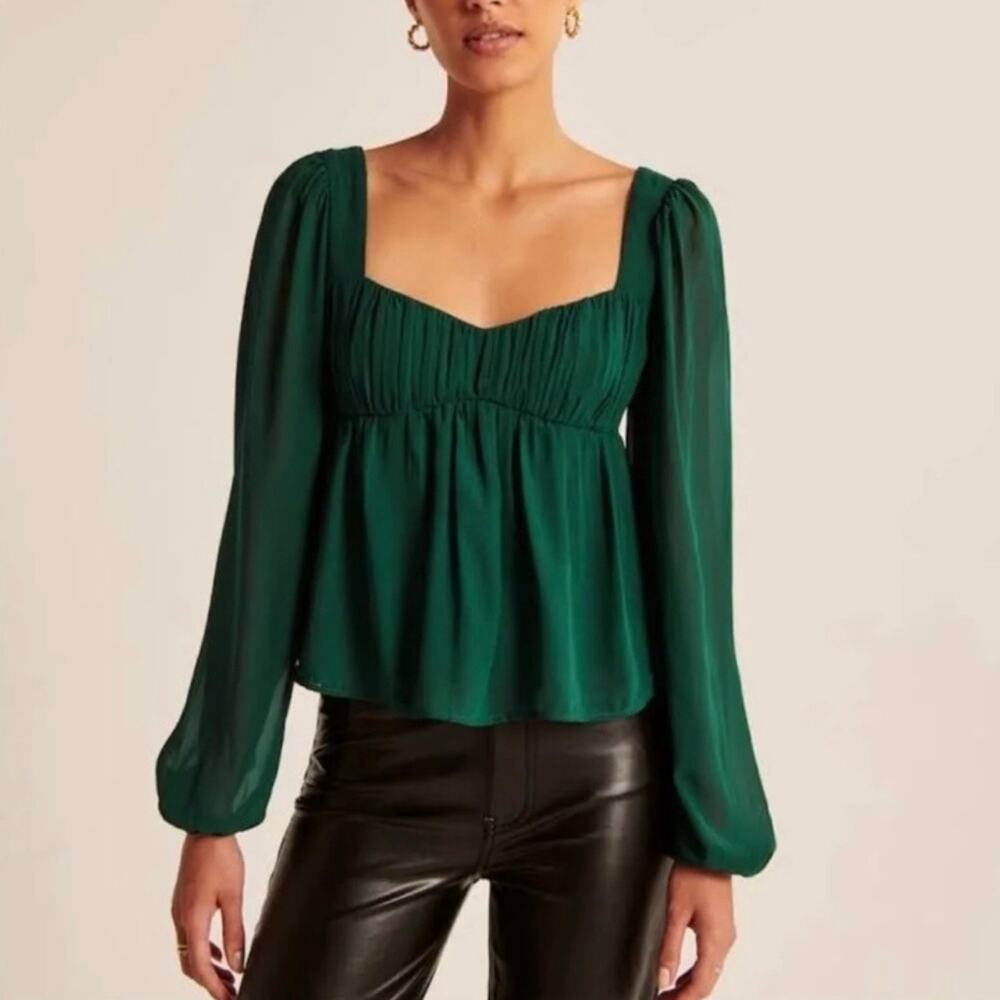 ABERCROMBIE Puff Sleeve Sheer Long Sleeve Top Emerald Green XS